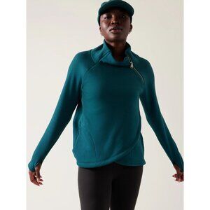 ATHLETA Cozy Karma Blue Polyester Fleece Asymmetric Wrap Sweatshirt, Size XS